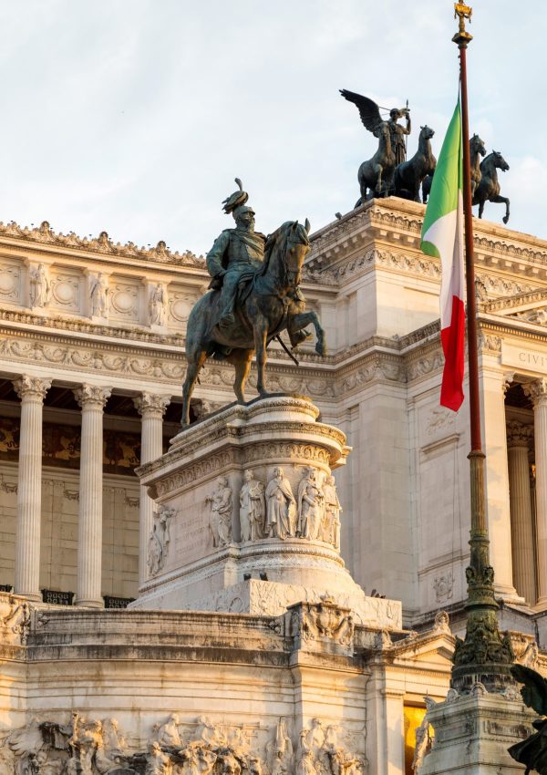 Victor Emmanuel II Monument located in the ancient center of Rome at sunset, Italy